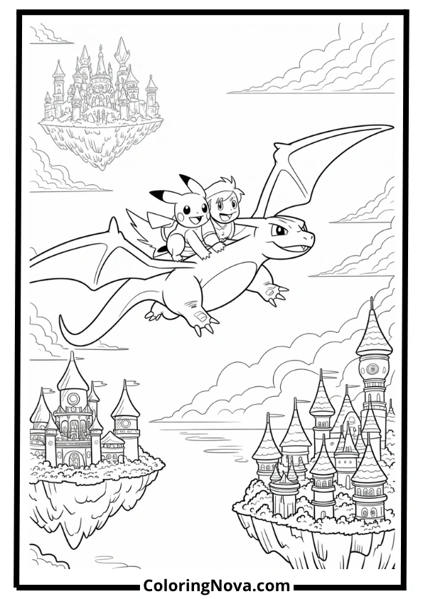 Ash and Pikachu Fantasy Flight Coloring Page