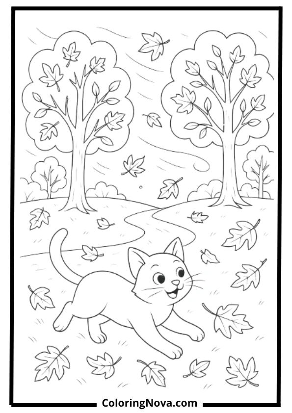 Autumn Leaves Chasing Cat Coloring Page
