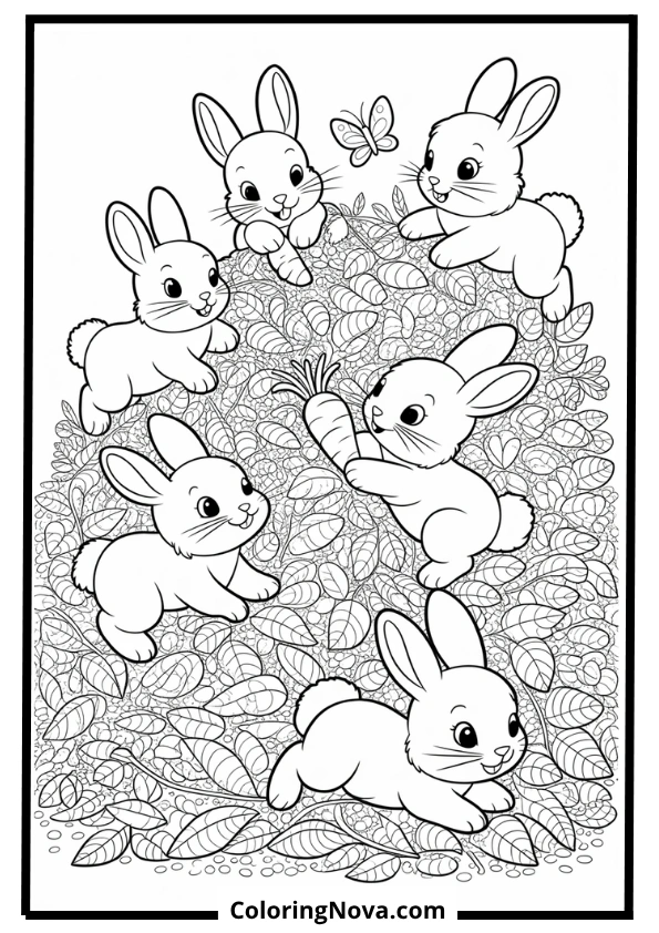 Baby Bunnies in Leaf Pile Coloring Page