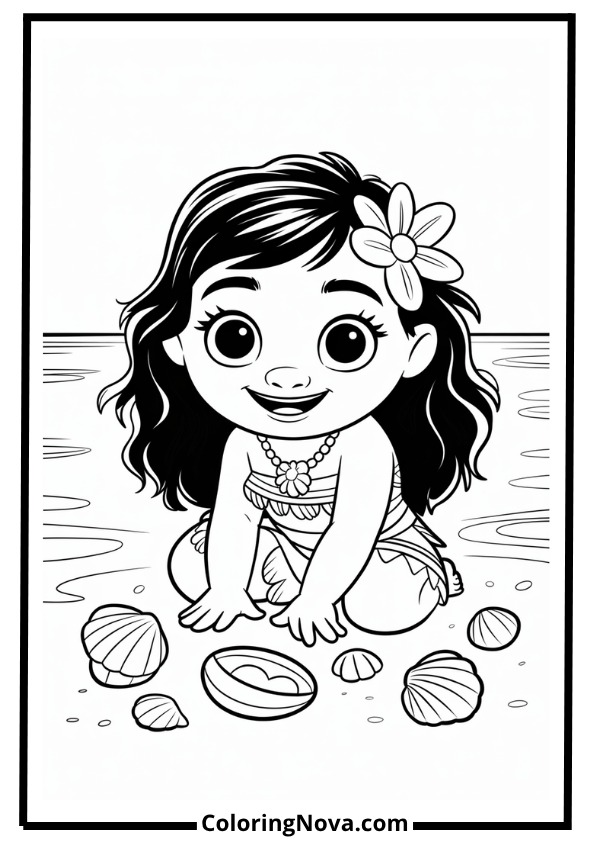 Baby Moana Playing with Seashells Coloring Page