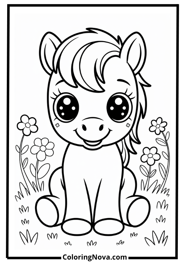 Baby Pony in Flower Field Coloring Page