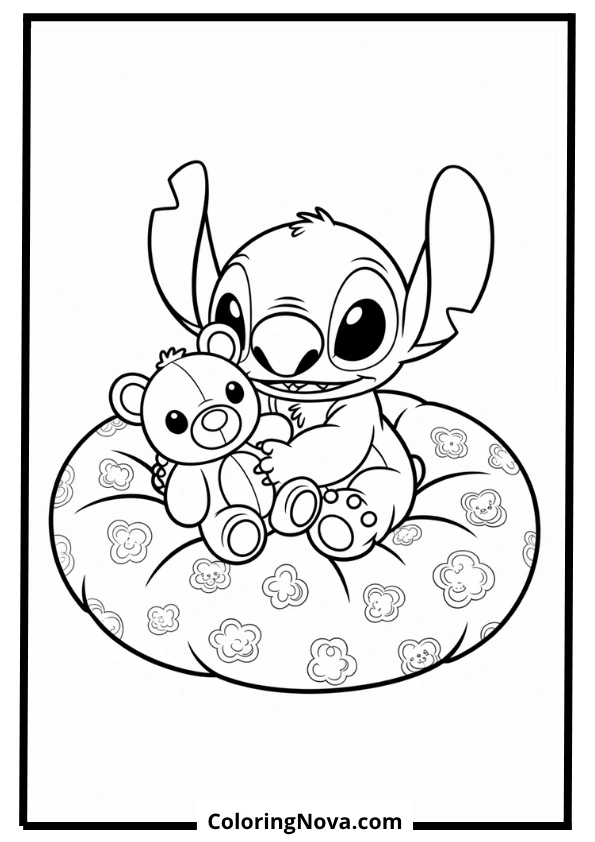 Baby Stitch with a Teddy Bear Coloring Page