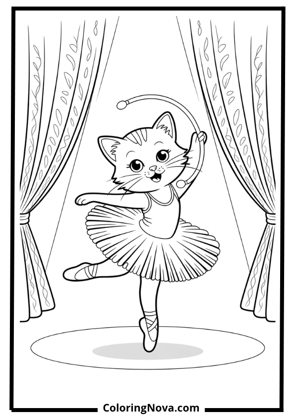 Ballerina Cat on Stage Coloring Page