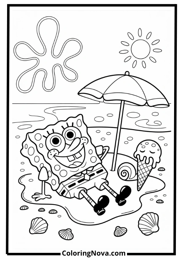 Beach Day SpongeBob Coloring Page