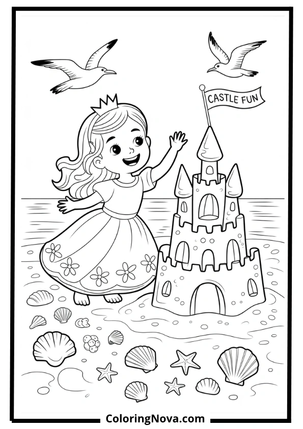 Beach Sandcastle Princess Coloring Page
