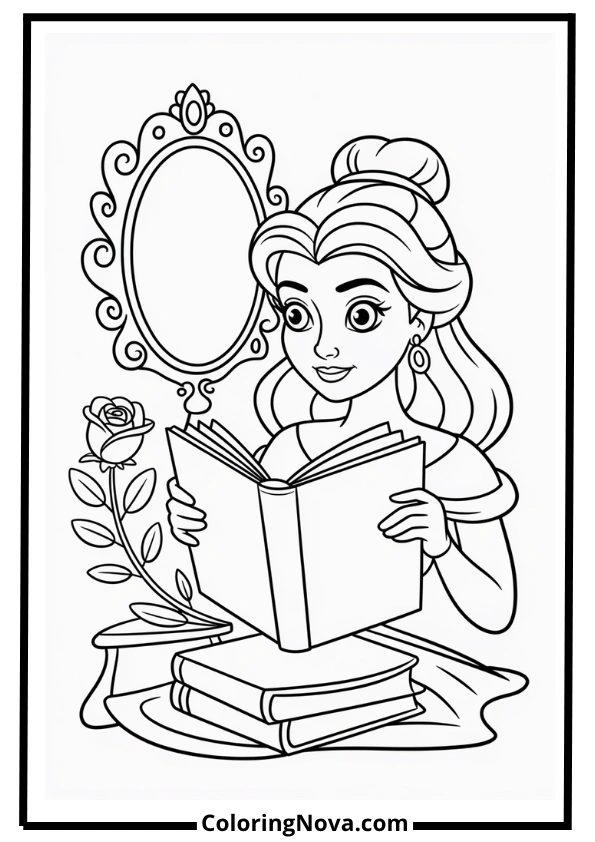 Belle Reading with Enchanted Rose Coloring Page