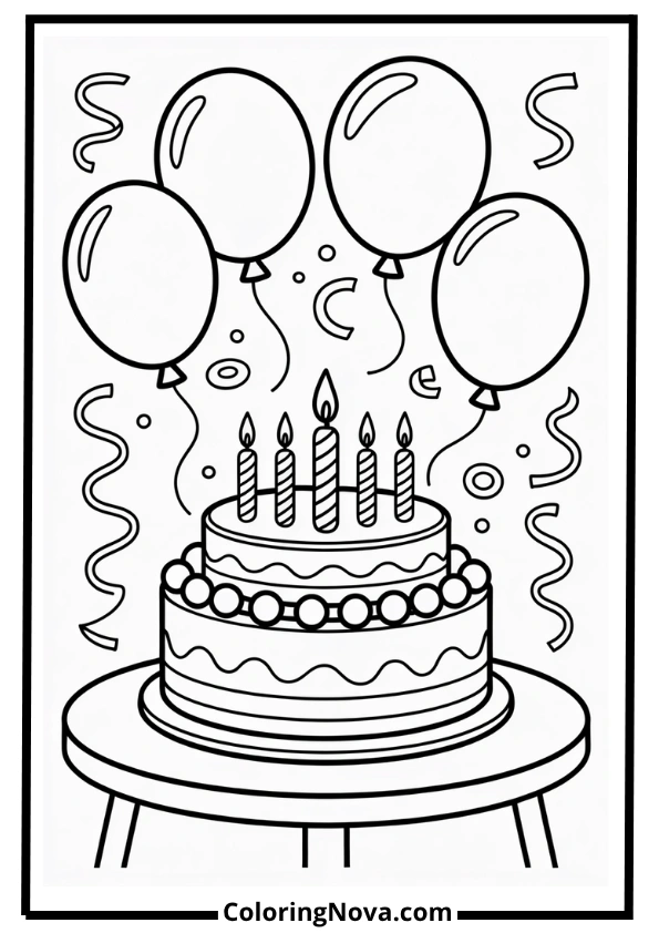 Birthday Cake with Balloons Coloring Page