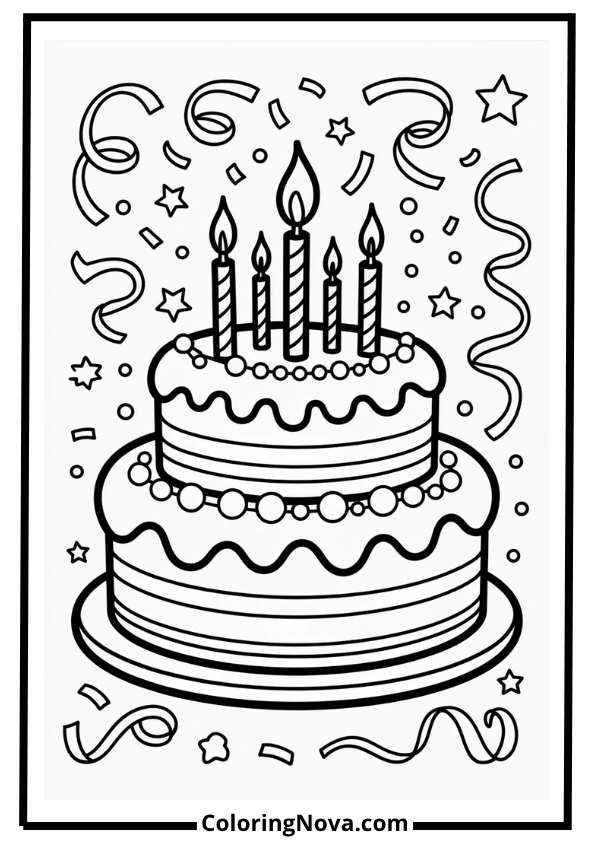 Birthday Cake with Confetti Background Coloring Page