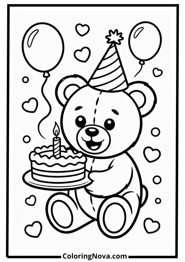 Birthday Cake with Teddy Bear Coloring Page