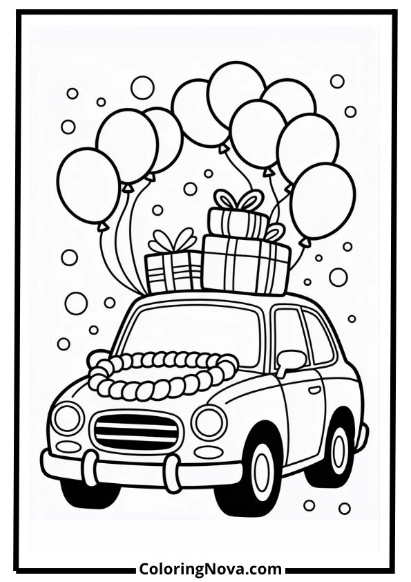 Birthday Car with Balloons Coloring Page