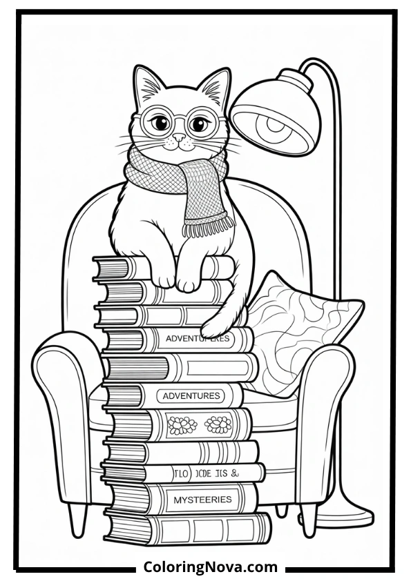 Book-Loving Cat in Reading Nook Coloring Page