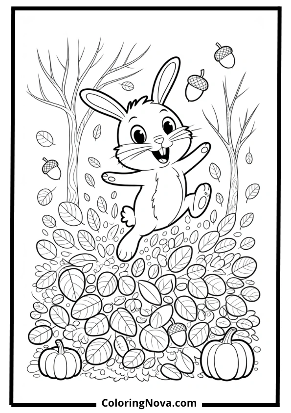 Bunny in Autumn Leaves and Pumpkins Coloring Page