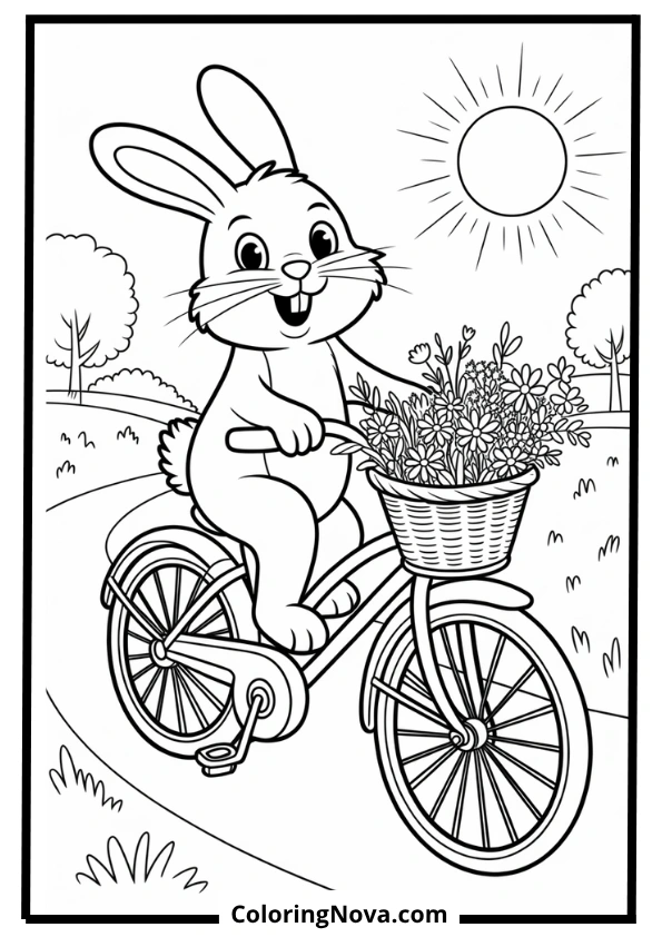 Bunny on Bicycle with Flower Basket Coloring Page