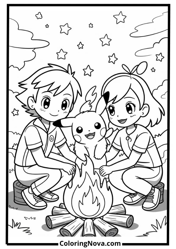 Campfire Night with Pikachu and Friends Coloring Page