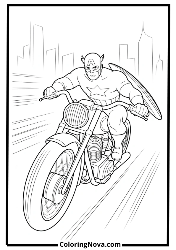 Captain America on Motorcycle Coloring Page