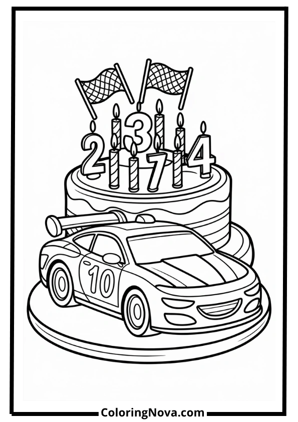 Car-Themed Birthday Cake Coloring Page