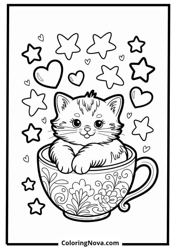 Cartoon Kitten in Teacup Coloring Page