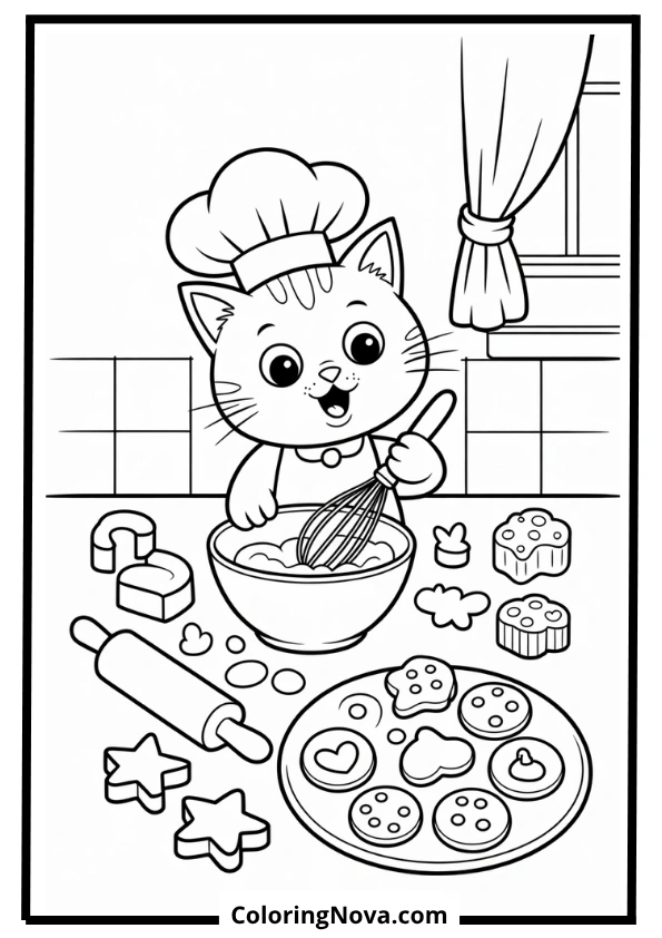 Cat Baking Cookies in Kitchen Coloring Page