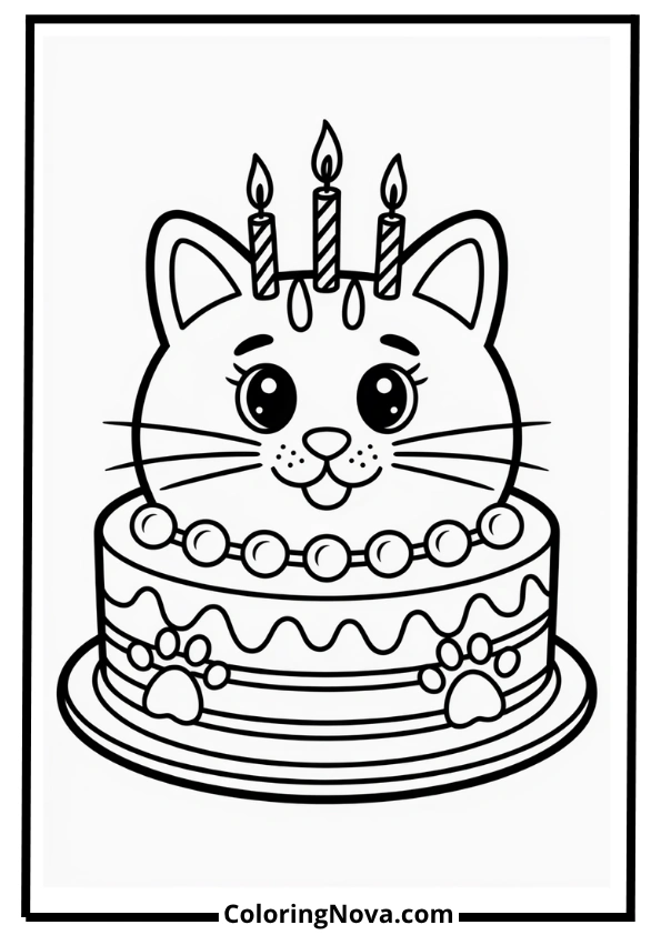 Cat-Themed Birthday Cake Coloring Page