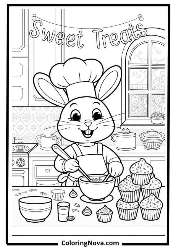 Chef Bunny Baking Cupcakes Coloring Page