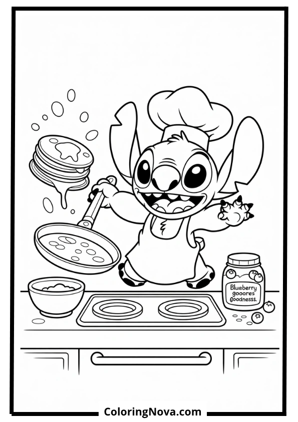 Chef Stitch Flipping Pancakes Coloring Page
