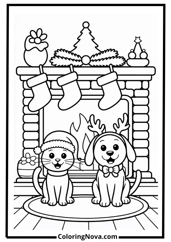 Christmas Cat and Dog Coloring Page