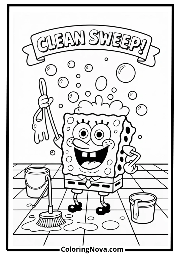 Cleaning Time with SpongeBob Coloring Page