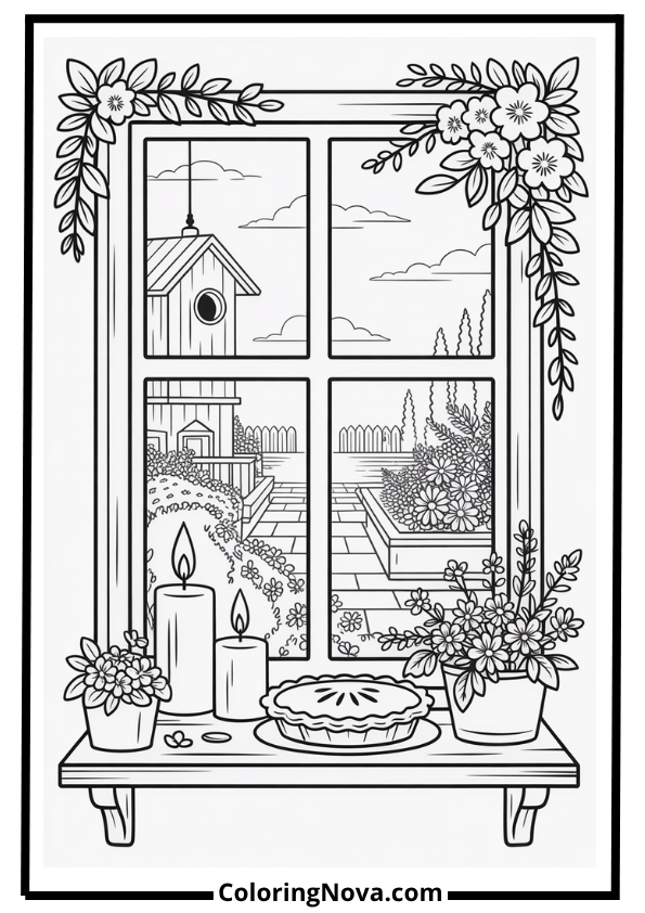 Cottagecore Windowsill Garden View Corner Coloring Page