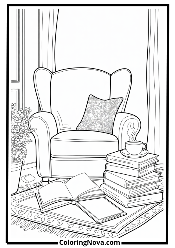 Cozy Reading Nook Corner Coloring Page