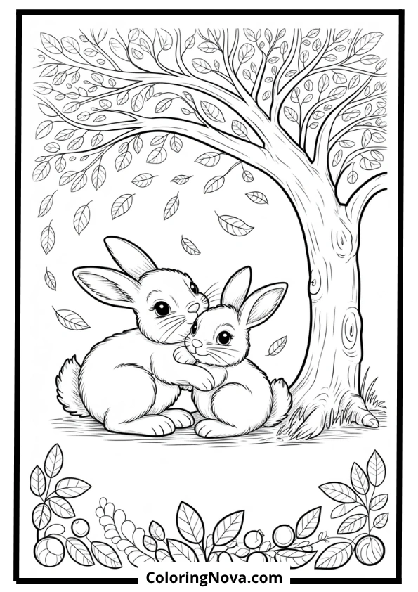 Cuddling Bunnies Under Tree Coloring Page