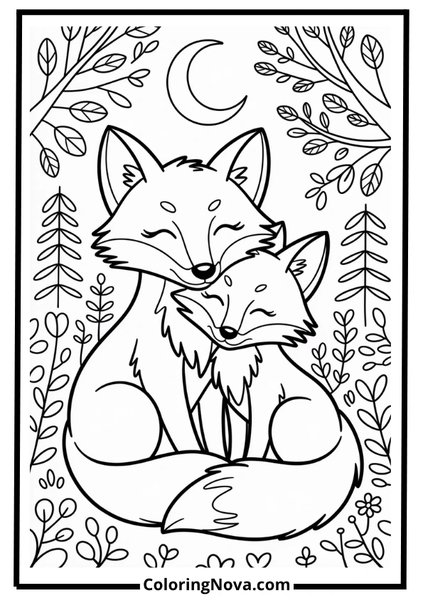 Cuddling Foxes Under Moon Coloring Page