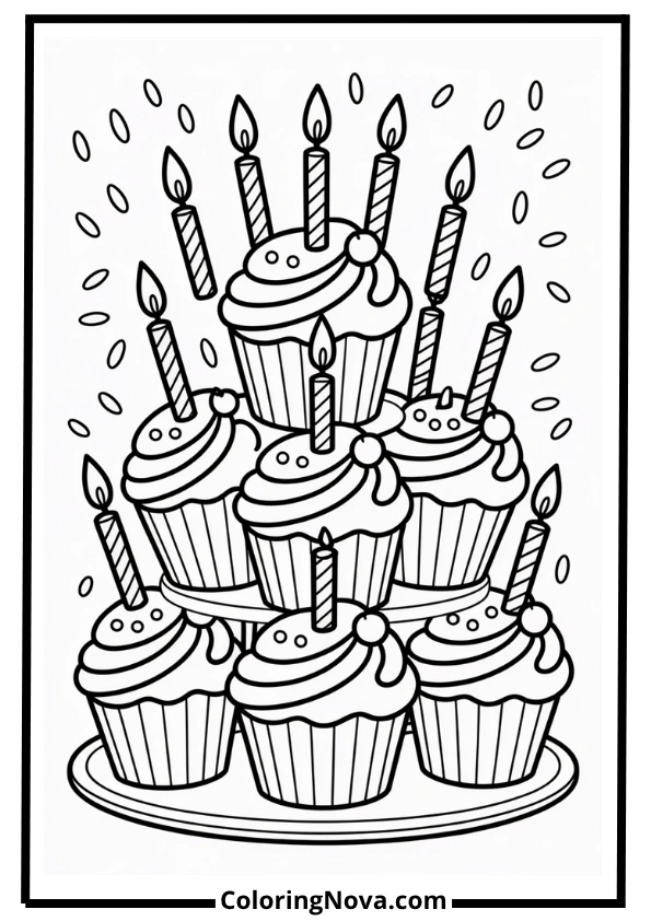Cupcake Tower Birthday Coloring Page