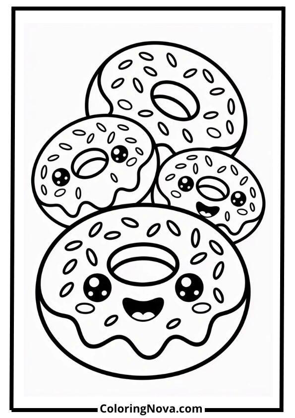 Cute Donuts with Faces Coloring Page
