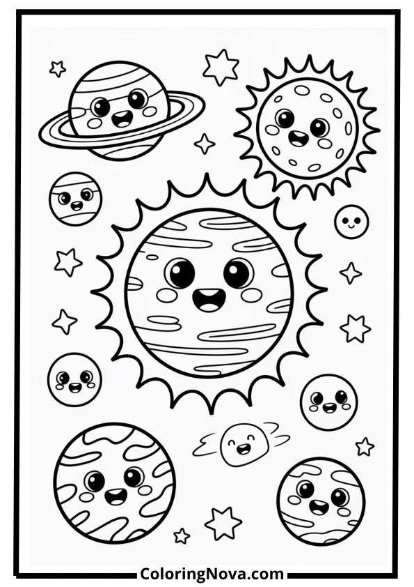 Cute Kawaii Planets Coloring Page