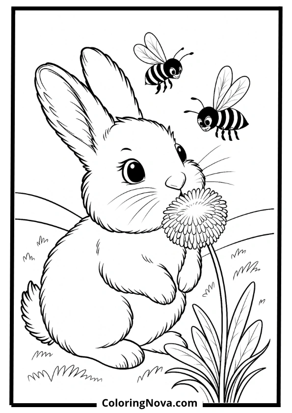 Dandelion Bunny with Bees Coloring Page