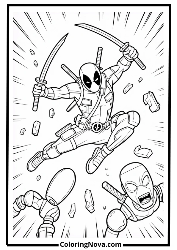 Deadpool Sword Slash Action Coloring Page