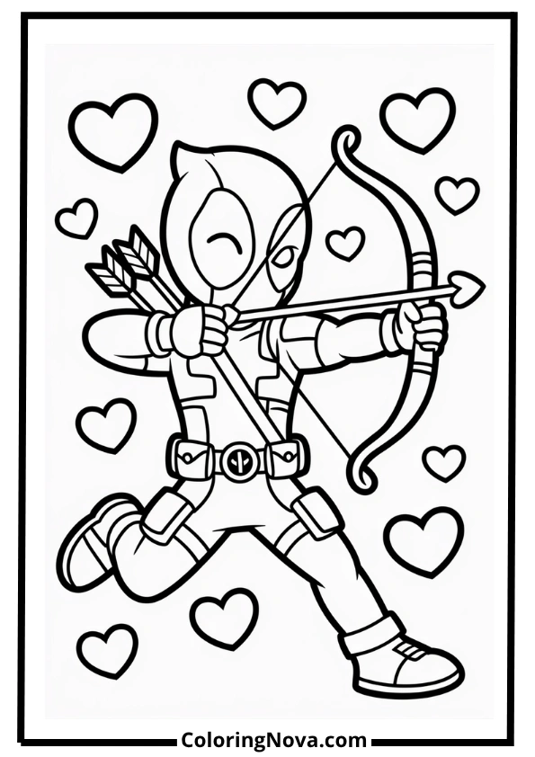 Deadpool and Hearts Coloring Page