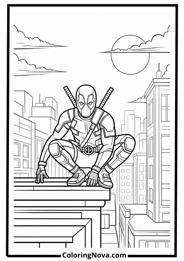 Deadpool on Rooftop at Night Coloring Page