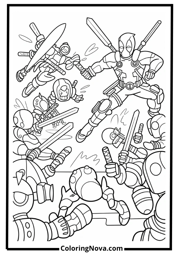 Deadpool vs. Robot Army Coloring Page