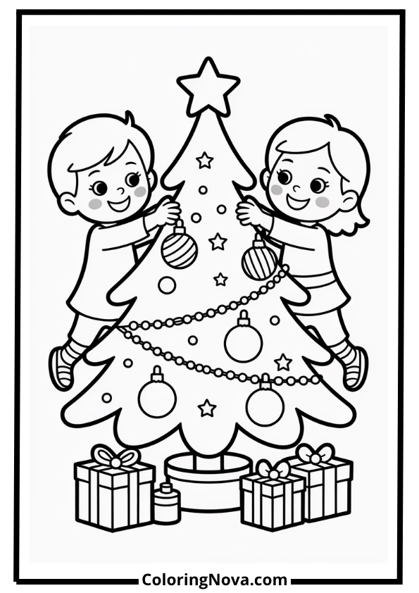 Decorating the Christmas Tree Coloring Page