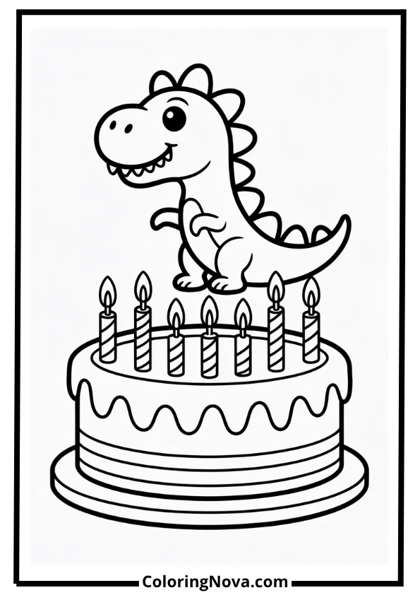 Dinosaur Birthday Cake Coloring Page
