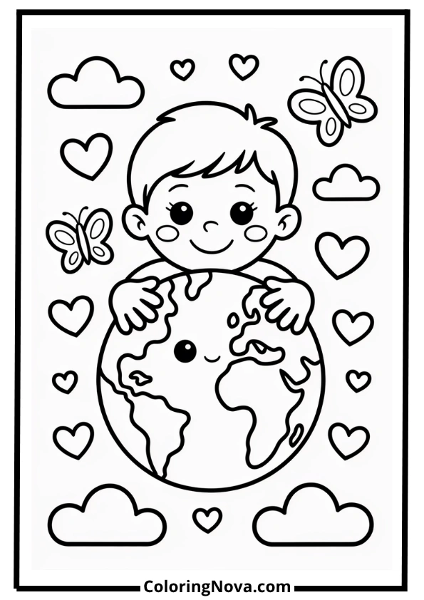 Earth Hugged by a Child Coloring Page