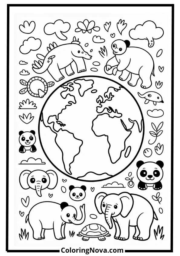 Earth and Endangered Animals Coloring Page