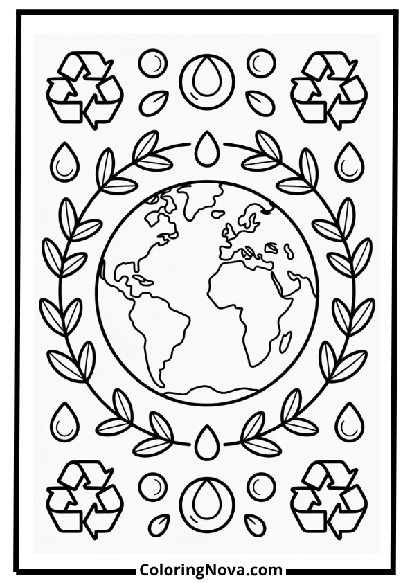 Earth and Recycling Symbols Coloring Page