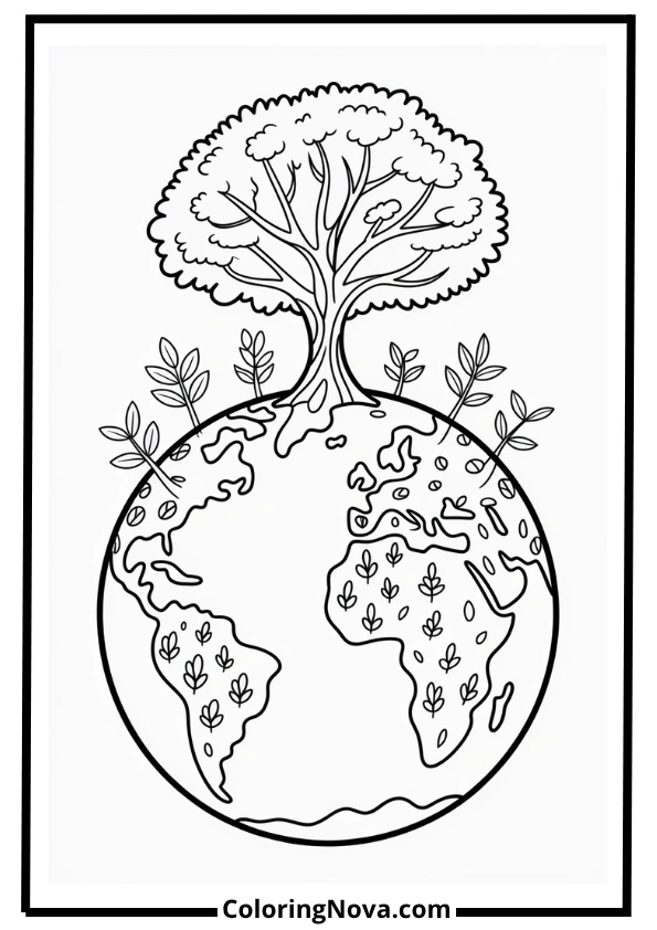 Earth with Tree and Sprouts Coloring Page