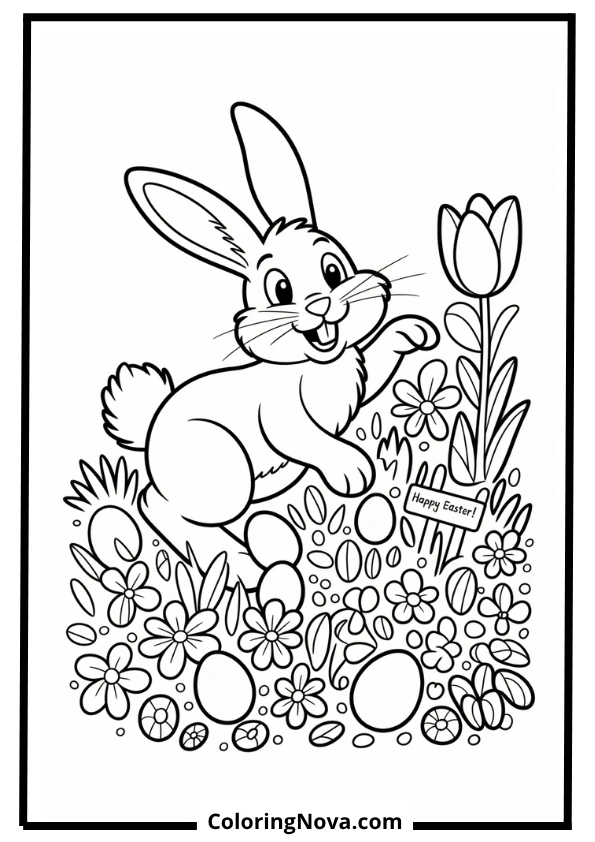 Easter Bunny Hiding Eggs Coloring Page