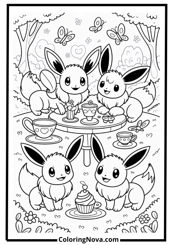 Eevee Evolutions Picnic Coloring Page