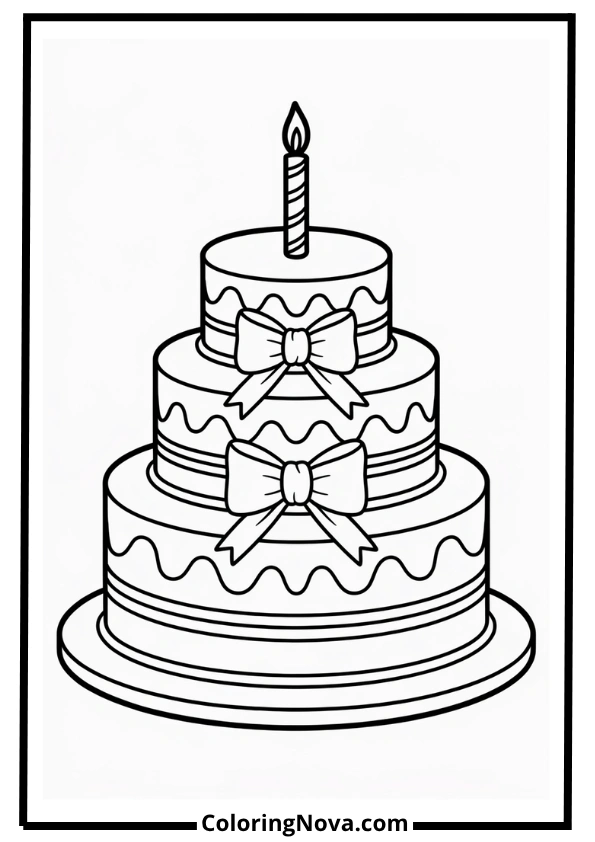 Elegant Birthday Cake with Ribbons Coloring Page