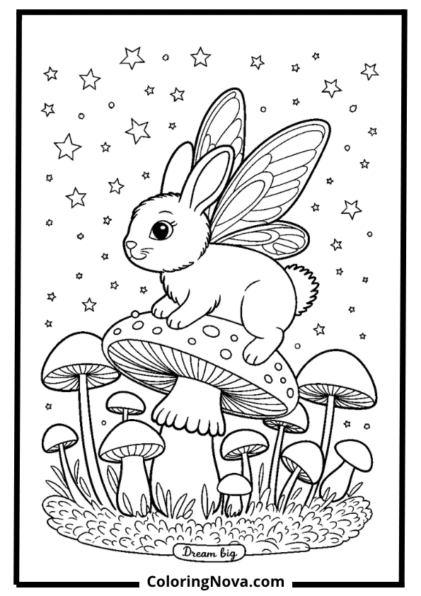 Fairy Bunny on Mushroom Coloring Page