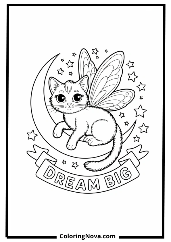 Fairy Cat on Crescent Moon Coloring Page